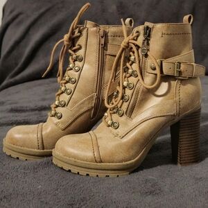 Size 6 Tan and Brown Heeled Laced Up Ankle Booties by Guess
